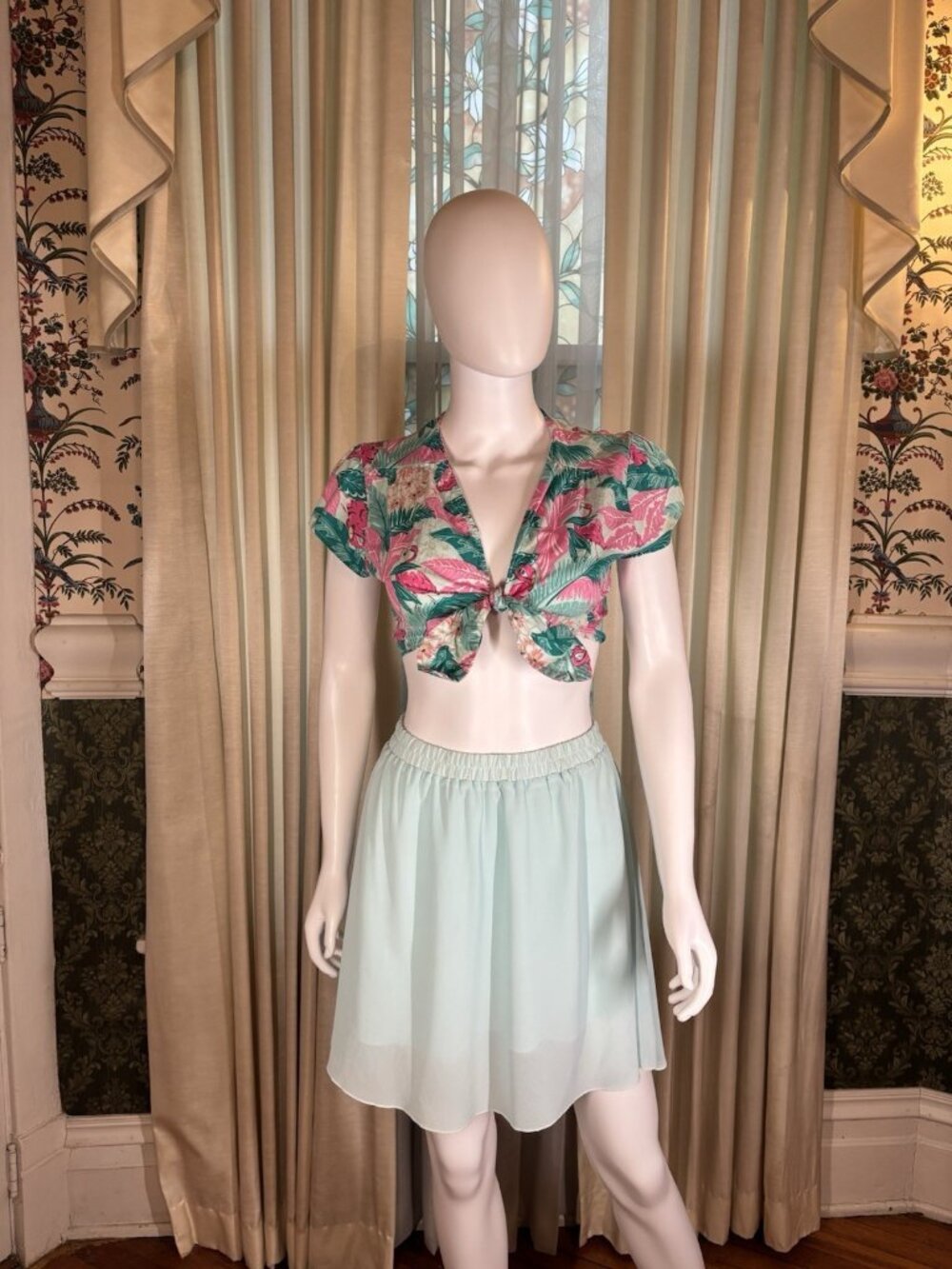 Bettie Page Tropical Flamingo Crop Top & Aqua A-Line Skirt Set Size 4 Pin Up